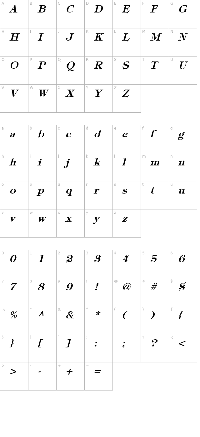 tiffey-bold-oblique character map