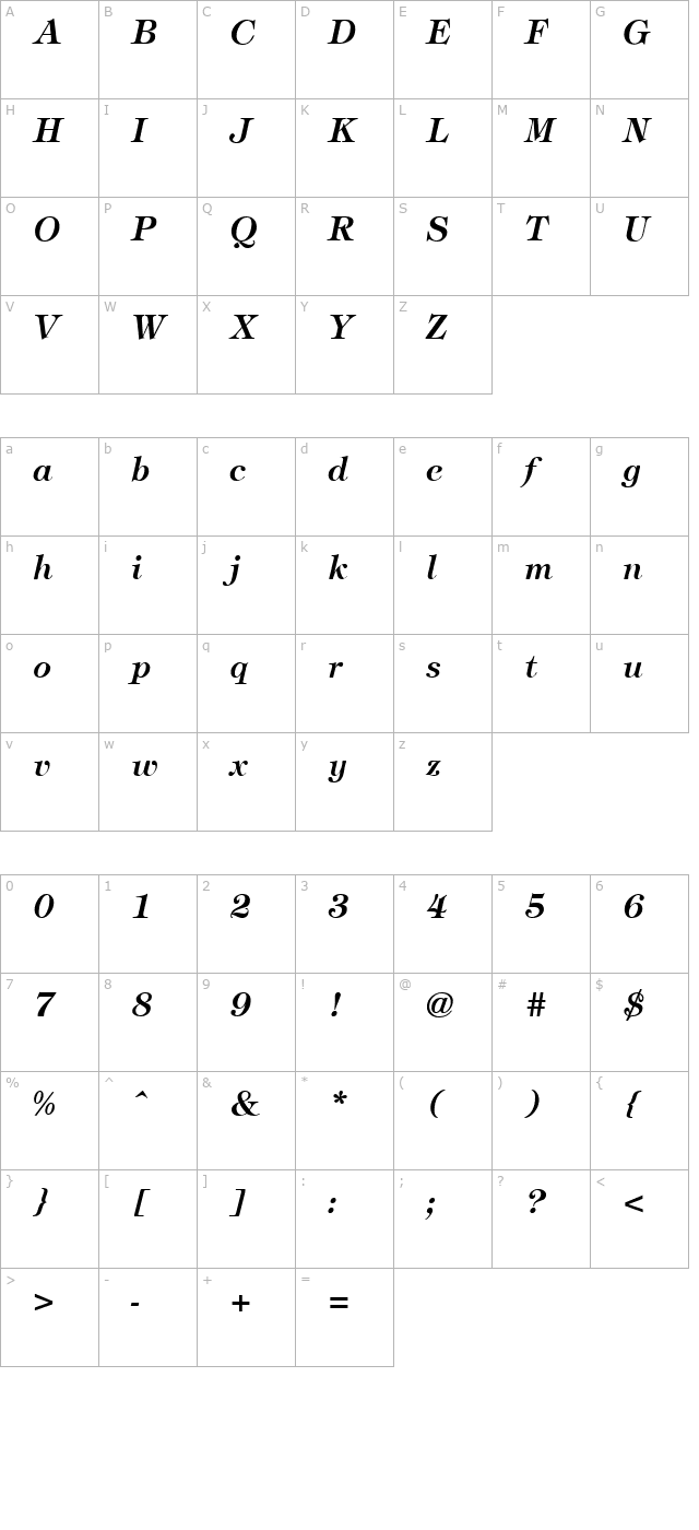 timbrel-bold-italic character map