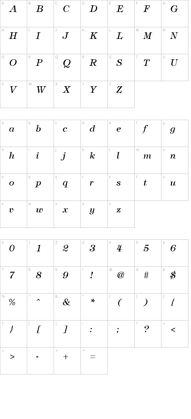 timbrel-italic character map