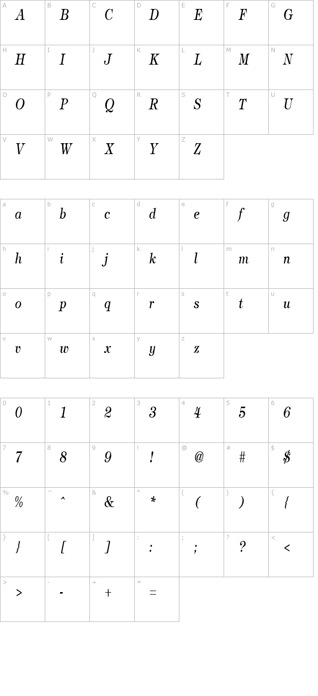 timbrelcondensed-italic character map