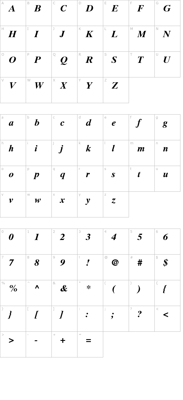 TimesTen-Bold Italic character map