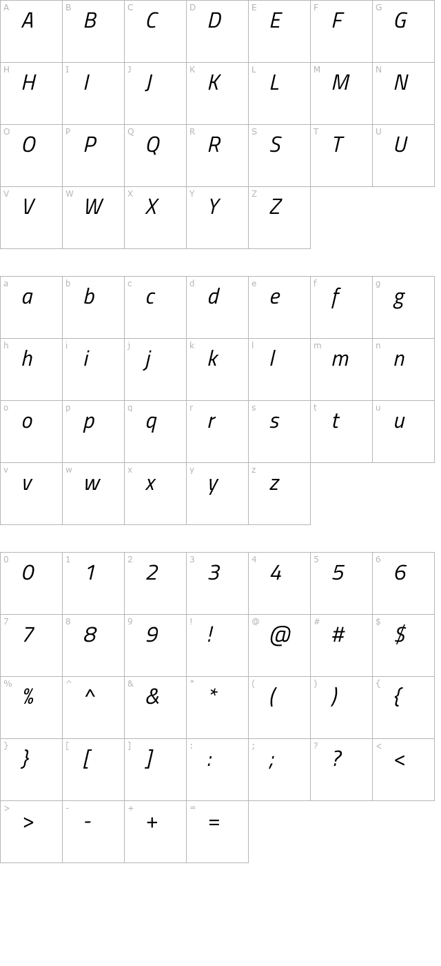 titillium-web-italic character map