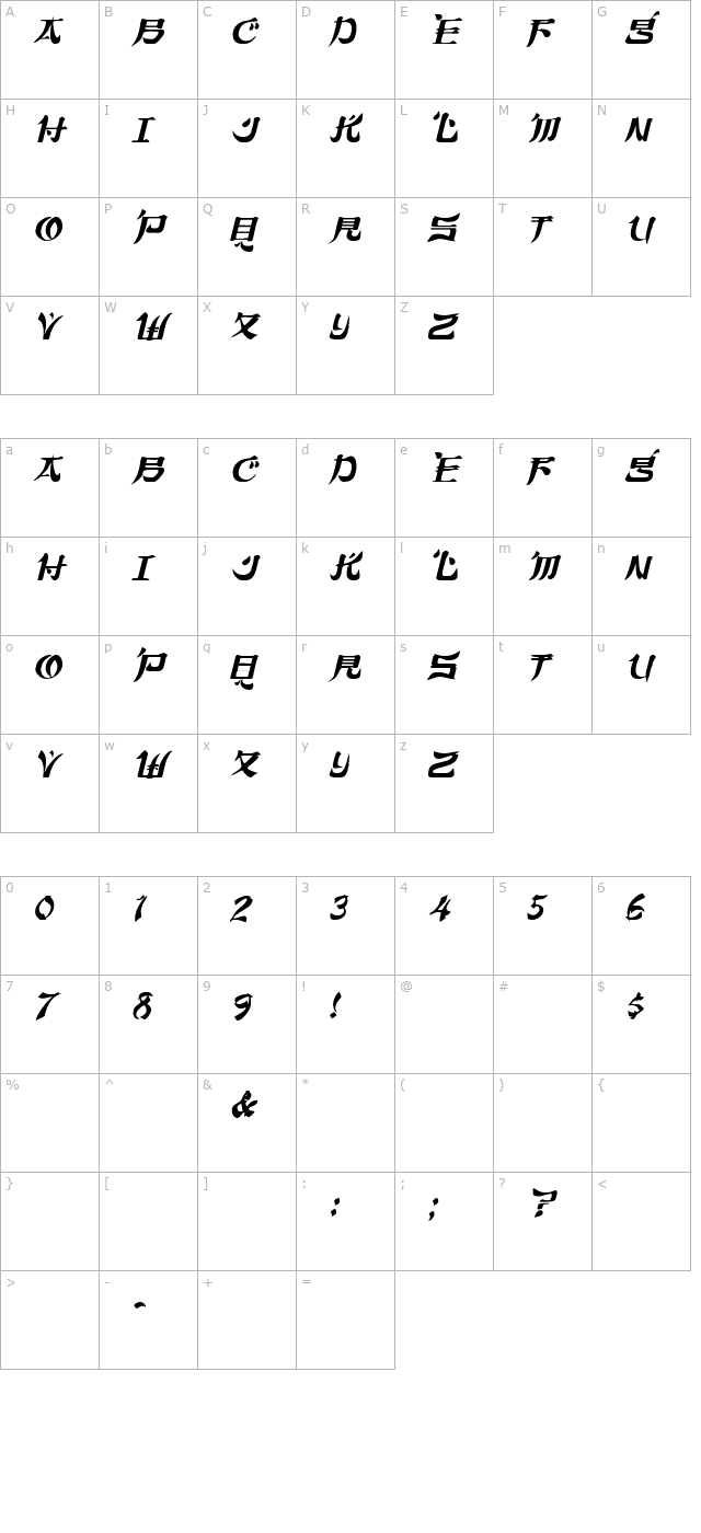 TokyoCaps Italic character map
