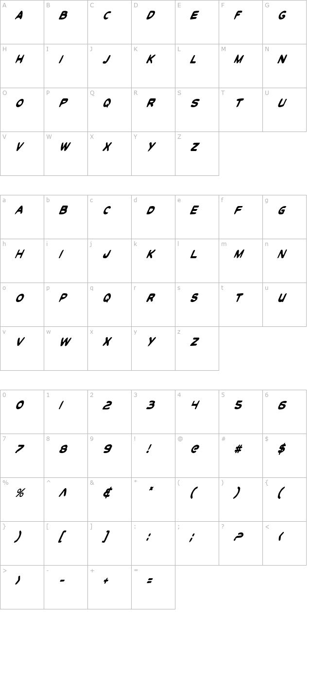 toon-town-industrial-condensed-italic character map