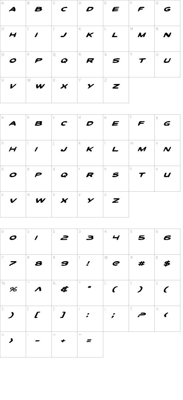 Toon Town Industrial Expanded Italic character map