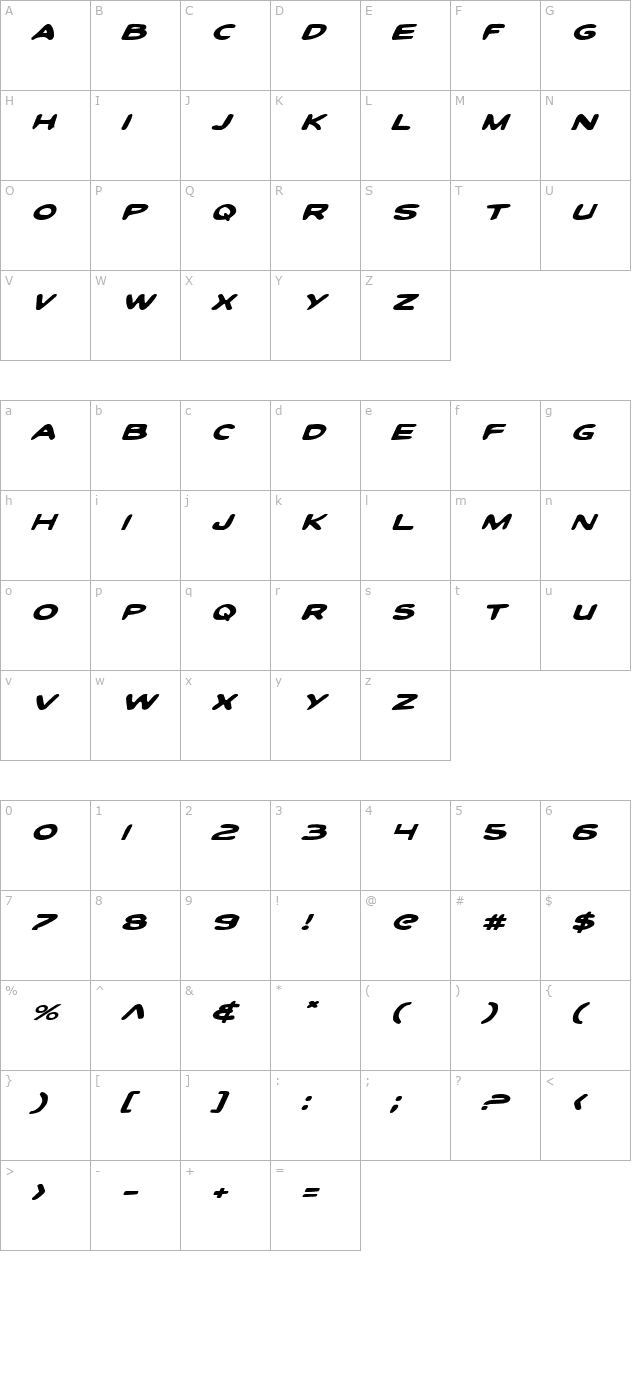 toon-town-industrial-expanded-italic character map