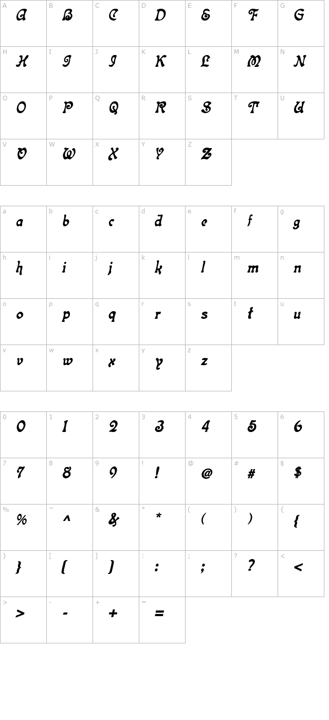 Topeka Bold Italic character map