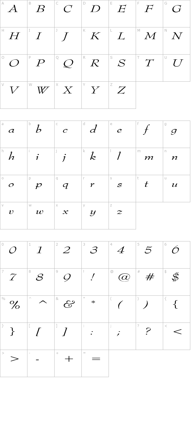 TopHatExtended Italic character map