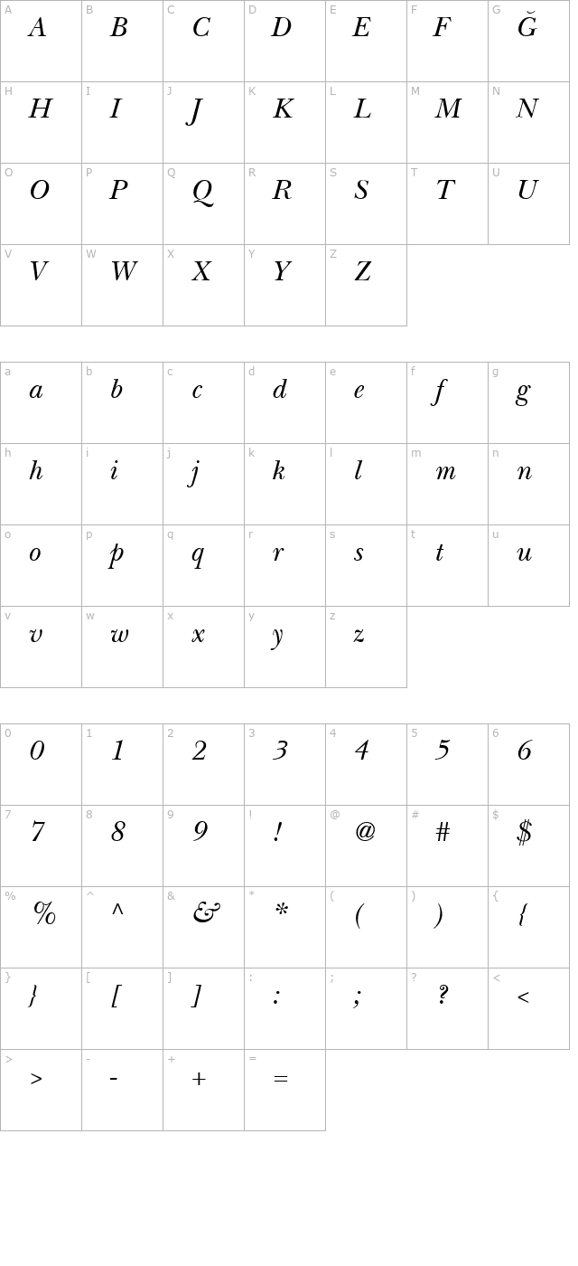 TR Baez Italic character map