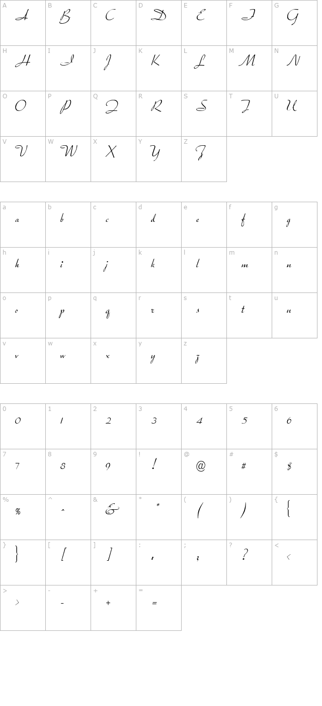 traftonscript-regular character map