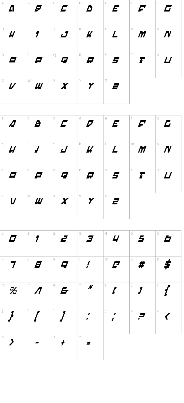 Trajia Condensed Italic character map