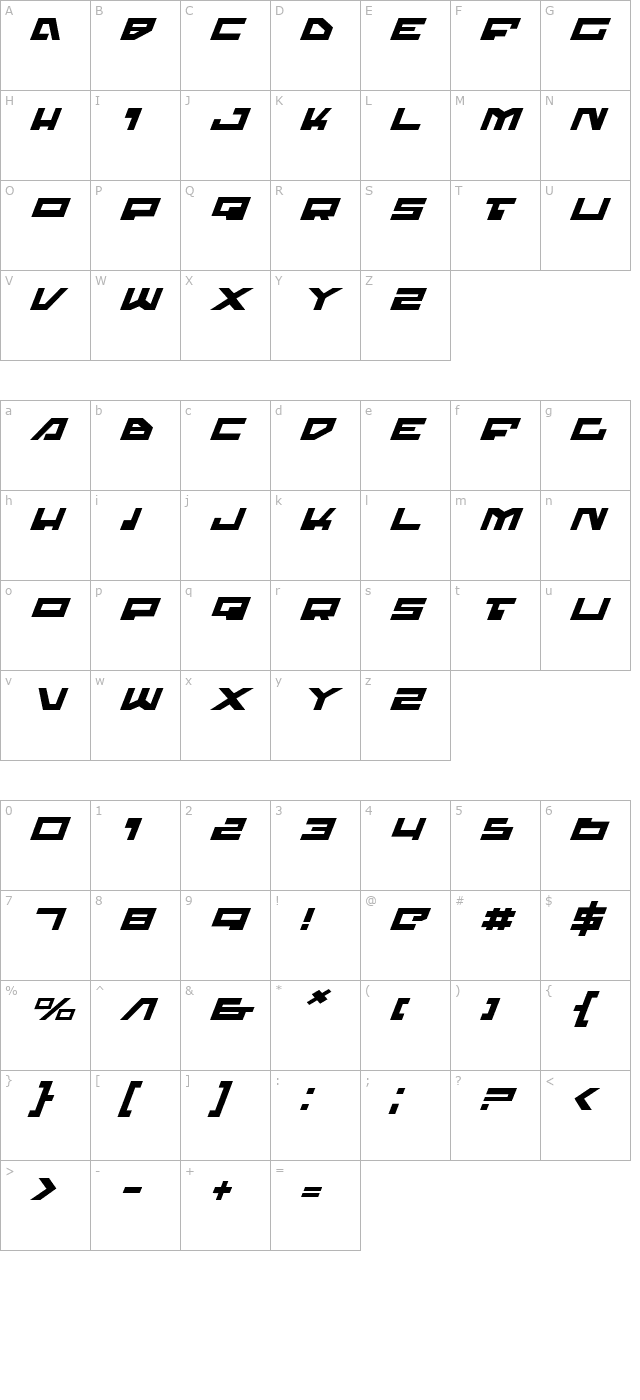 Trajia Expanded Italic character map