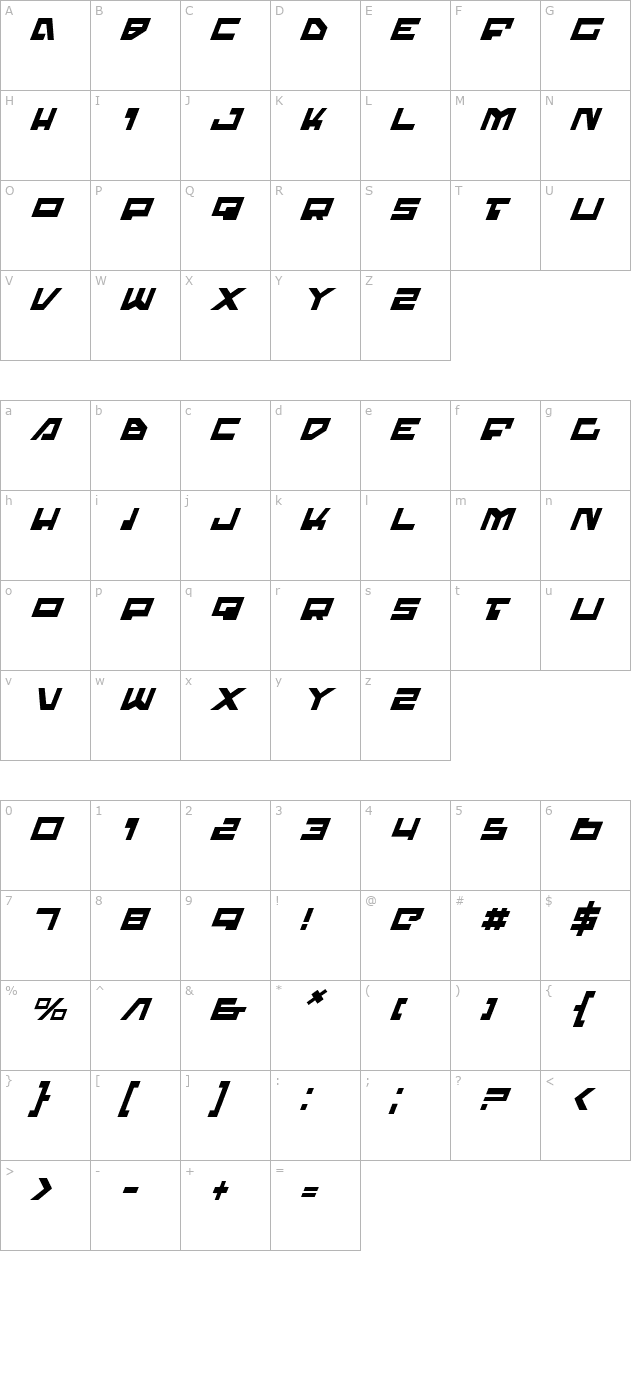 Trajia Italic character map