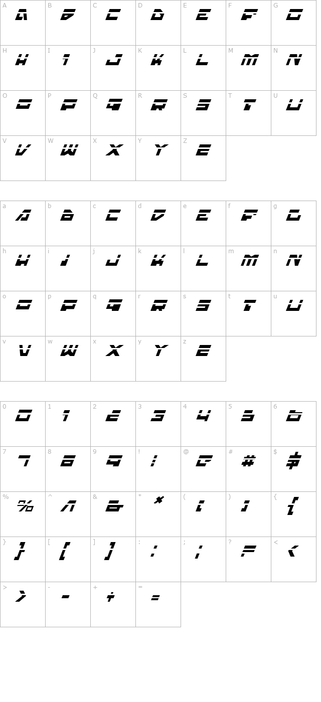 Trajia Laser Italic character map