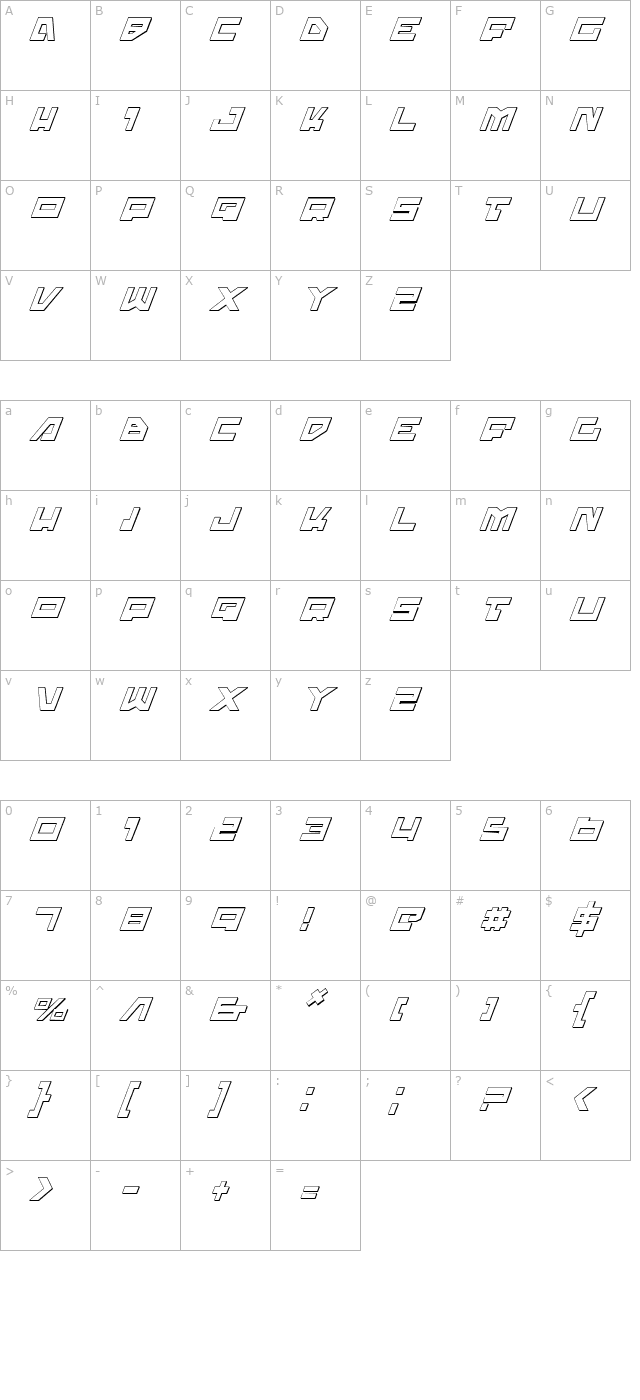 Trajia Shadow Italic character map