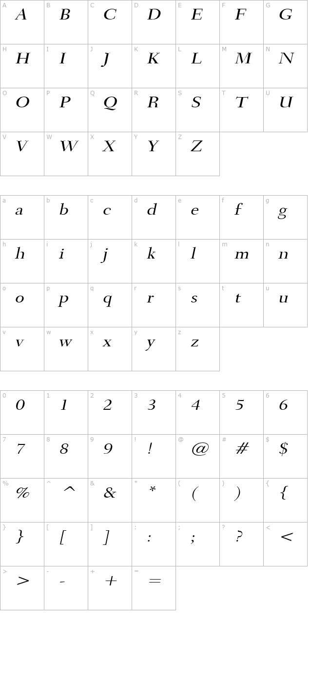 Transit Wide Italic character map