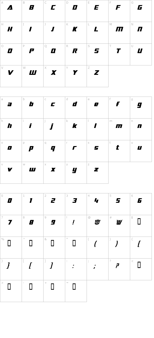 TransRobotics Bold Italic character map