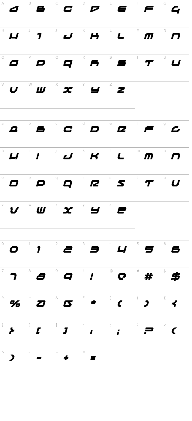 traveler-bold-italic character map