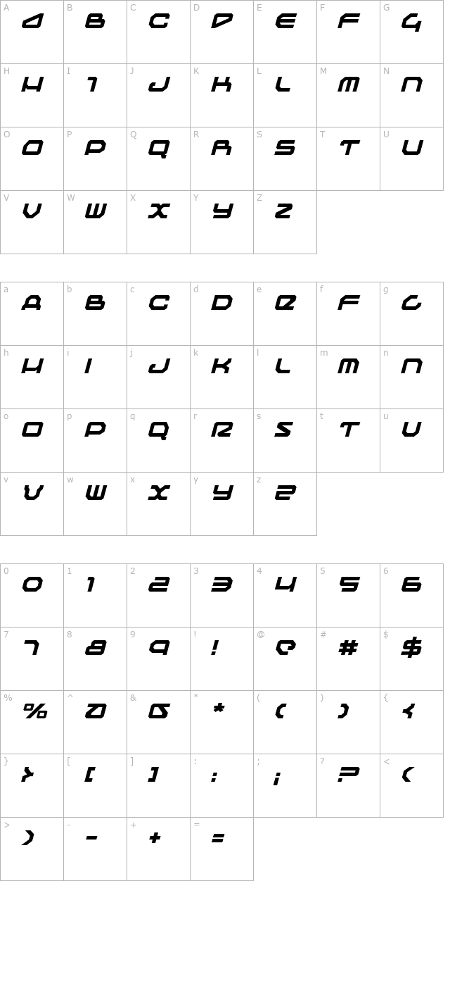 Traveler Italic character map