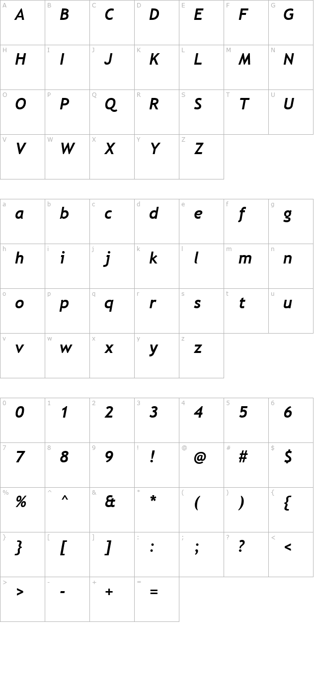 Trebuchet MS Bold Italic character map