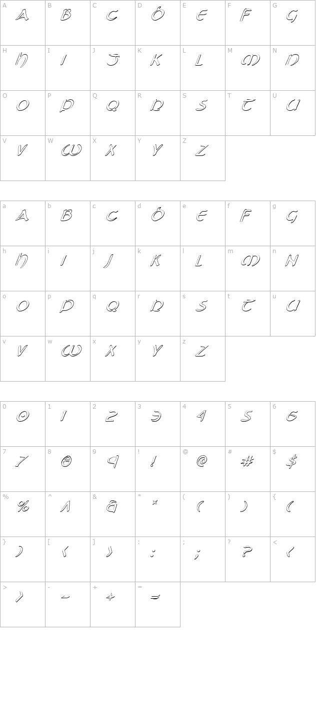 Tristram Shadow Italic character map