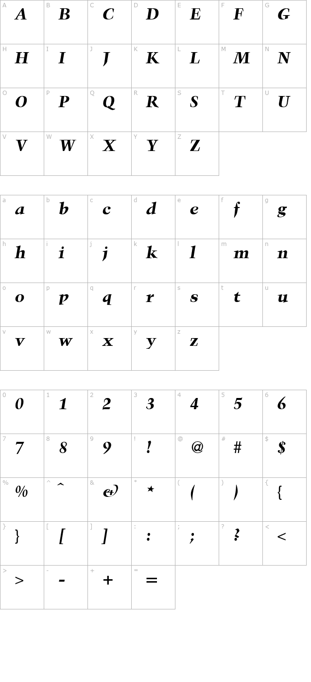 Troubadour-BoldItalic character map