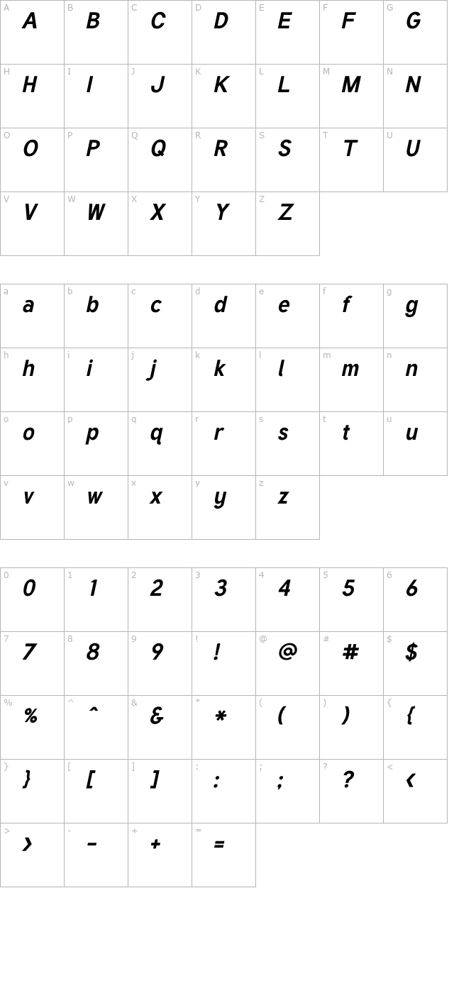 Tuffy Bold Italic character map