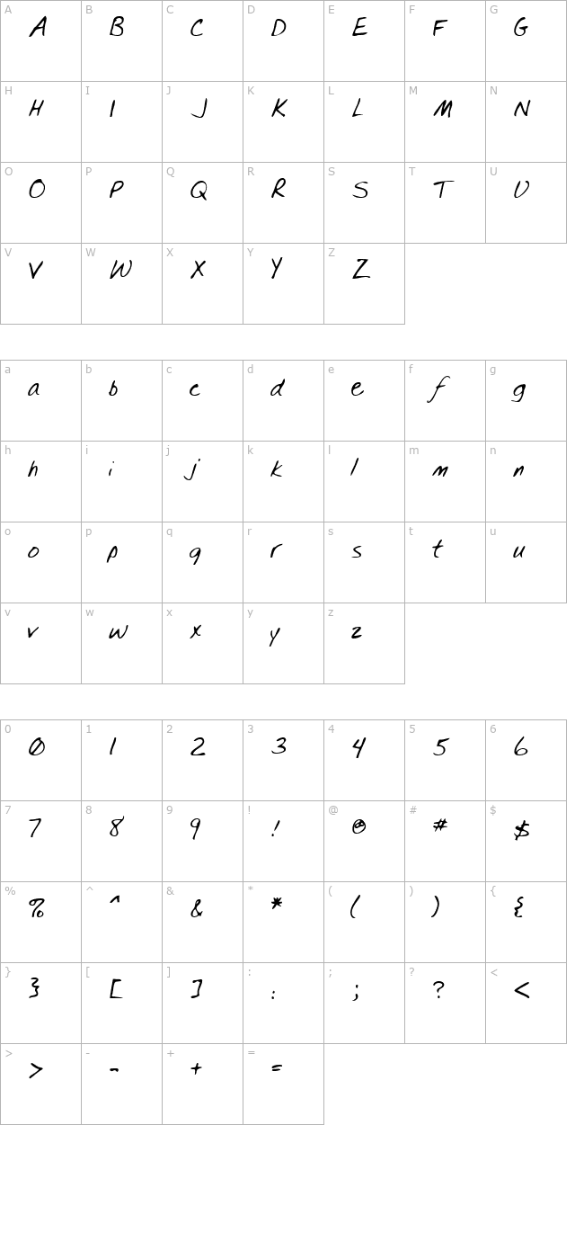 TylersHand Regular character map