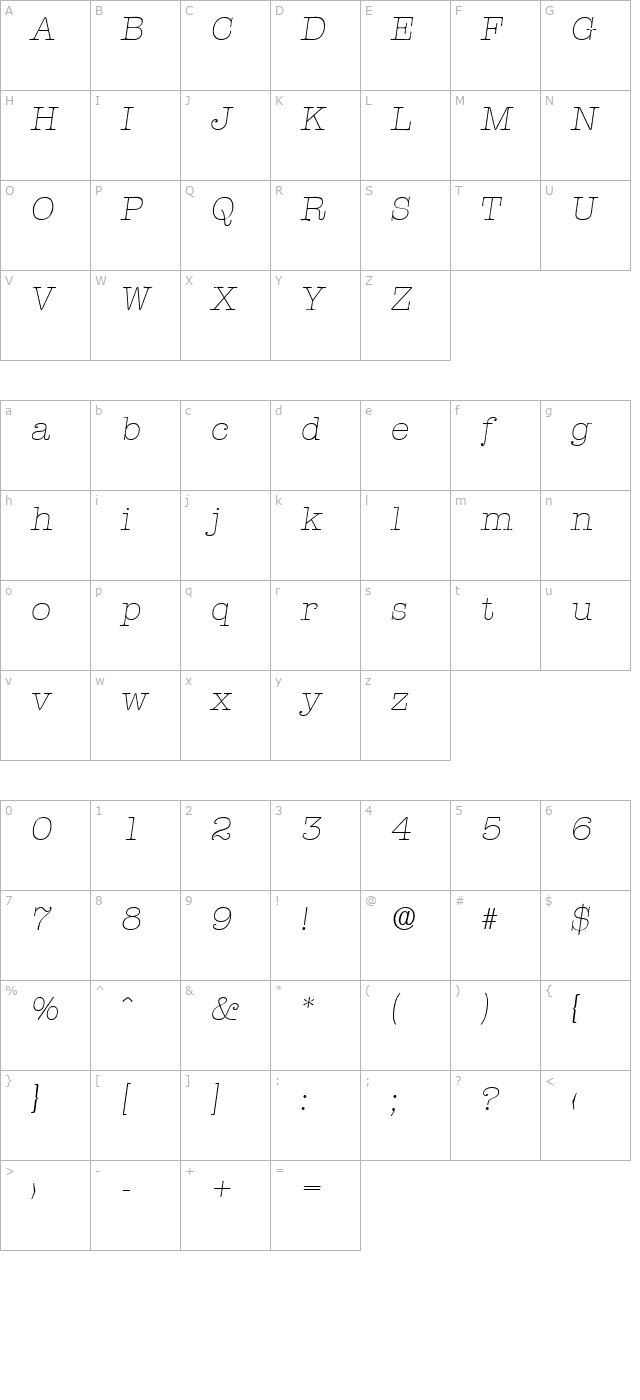 Typewriter-XlightIta character map