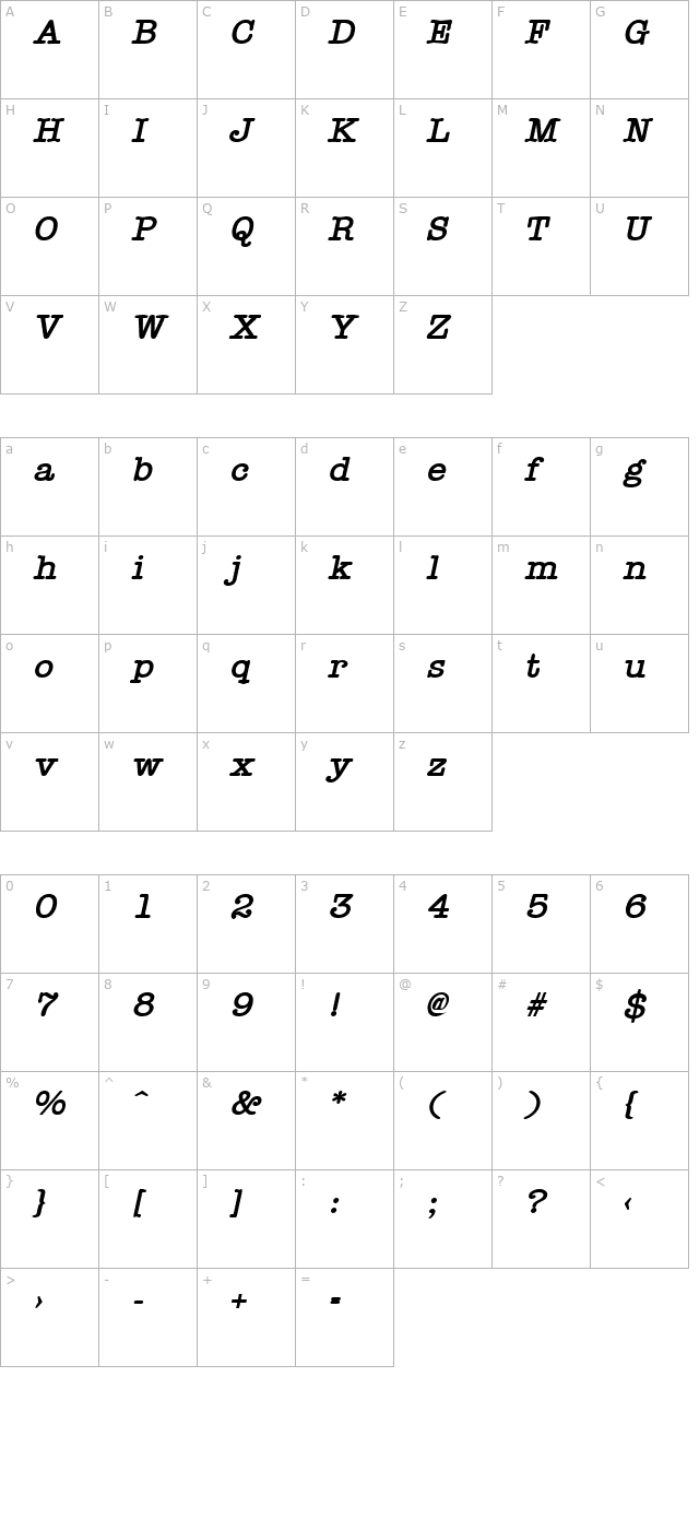 Typist Bold Italic character map