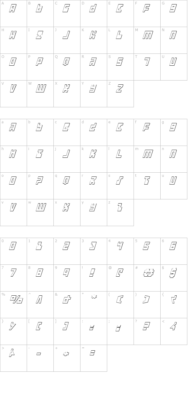 ufo-hunter-3d-italic character map