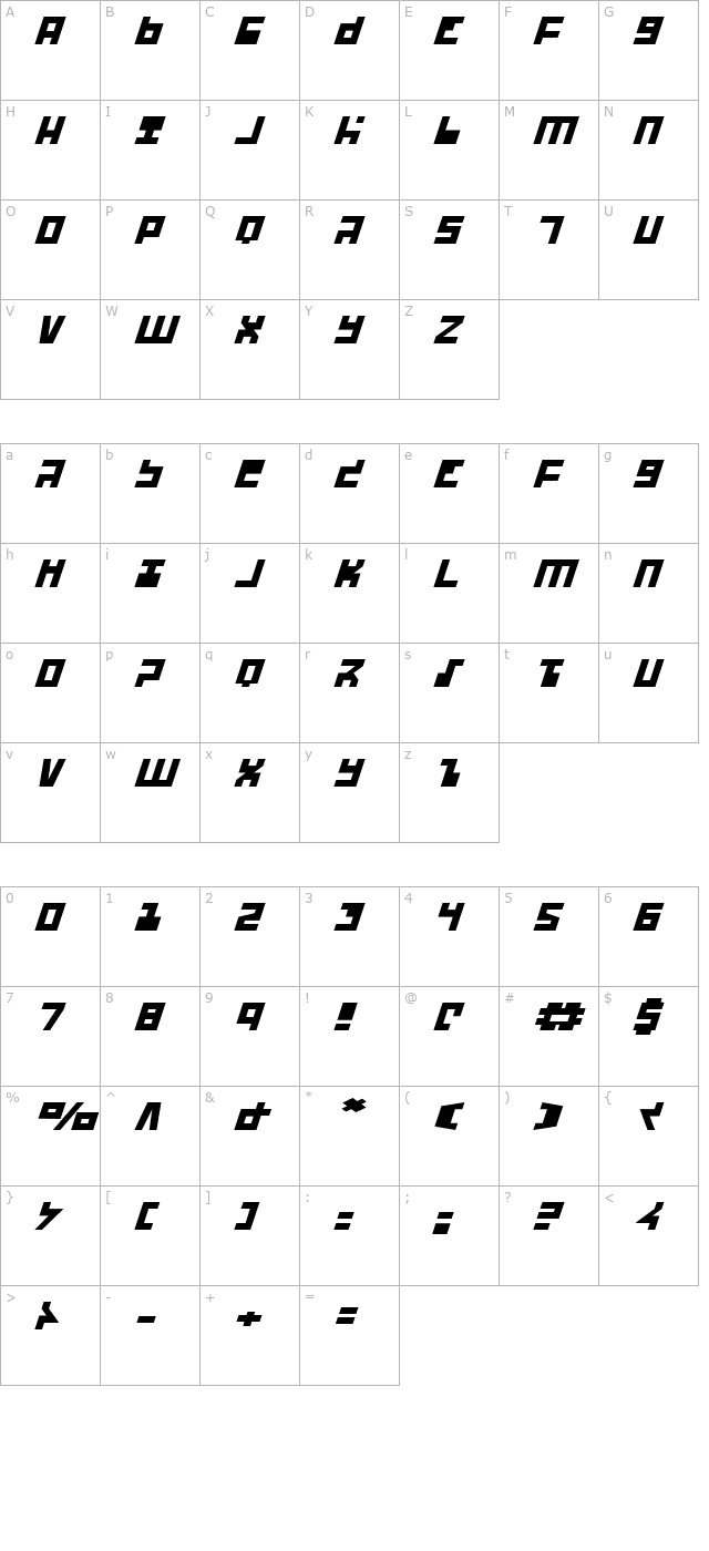 UFO Hunter Expanded Italic character map