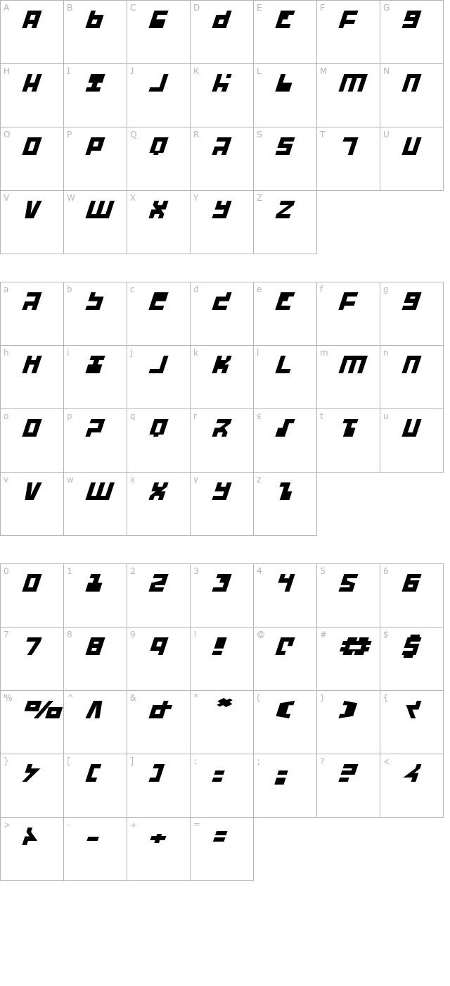 ufo-hunter-expanded-italic character map