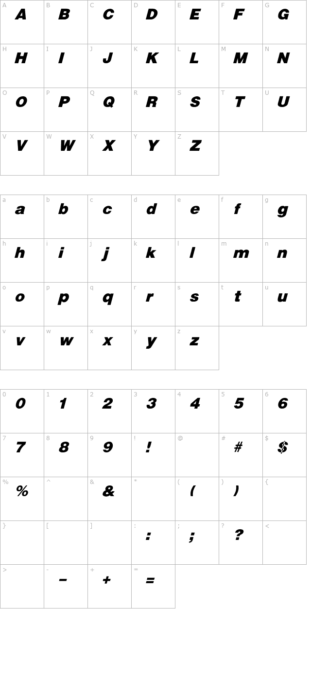 UltraBlack Italic character map