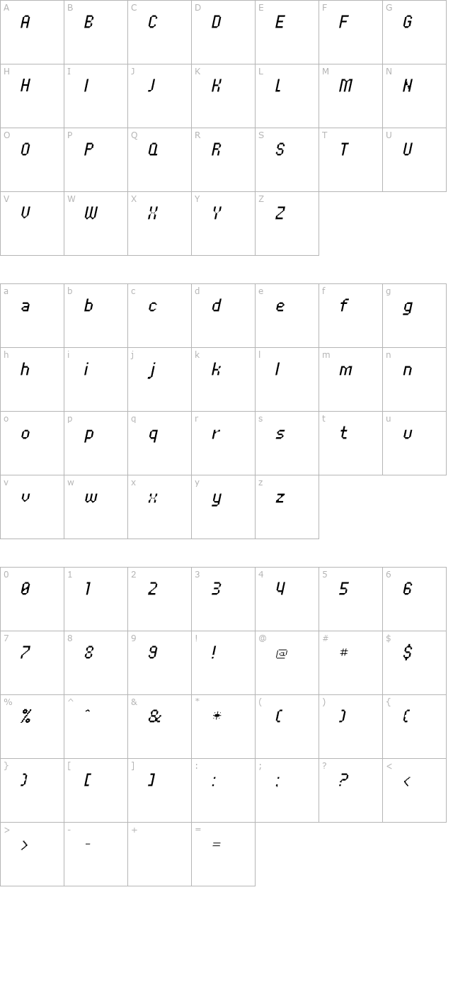 UNDA-BitmapFineItalic character map