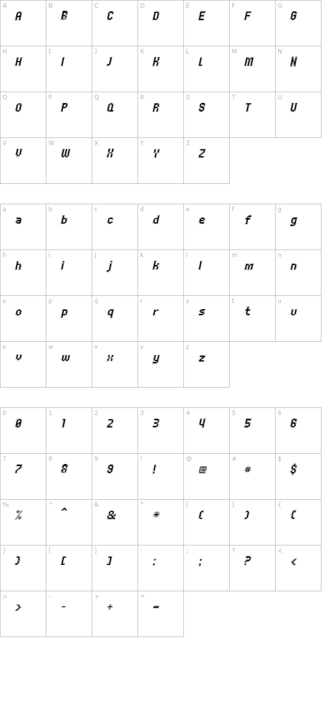 UNDA-OutlineItalic character map