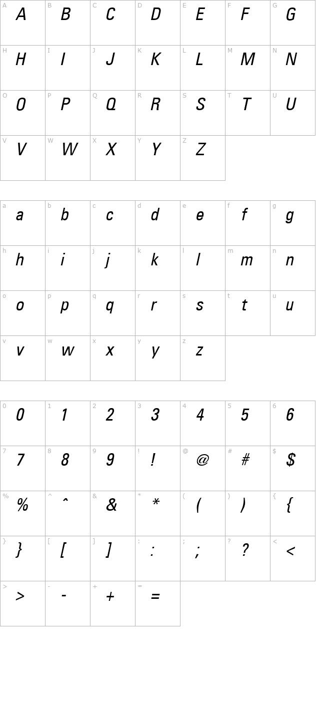 Uniform Condensed Italic character map