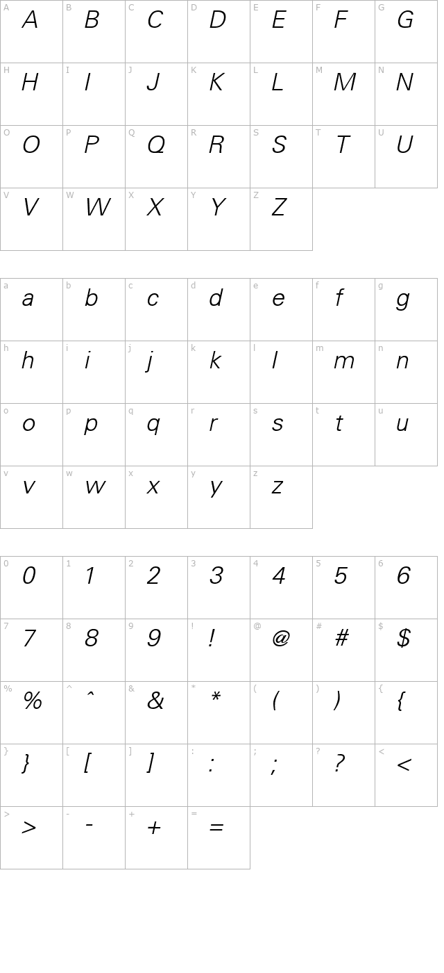 Uniform Light Italic character map