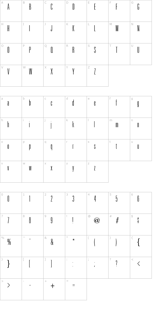 Uniform Ultra Condensed Light Regular character map