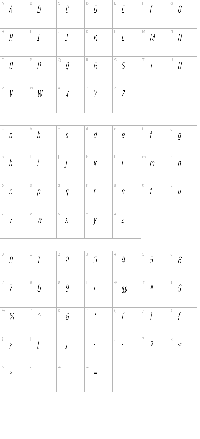 UnitedItalicCond-Light character map