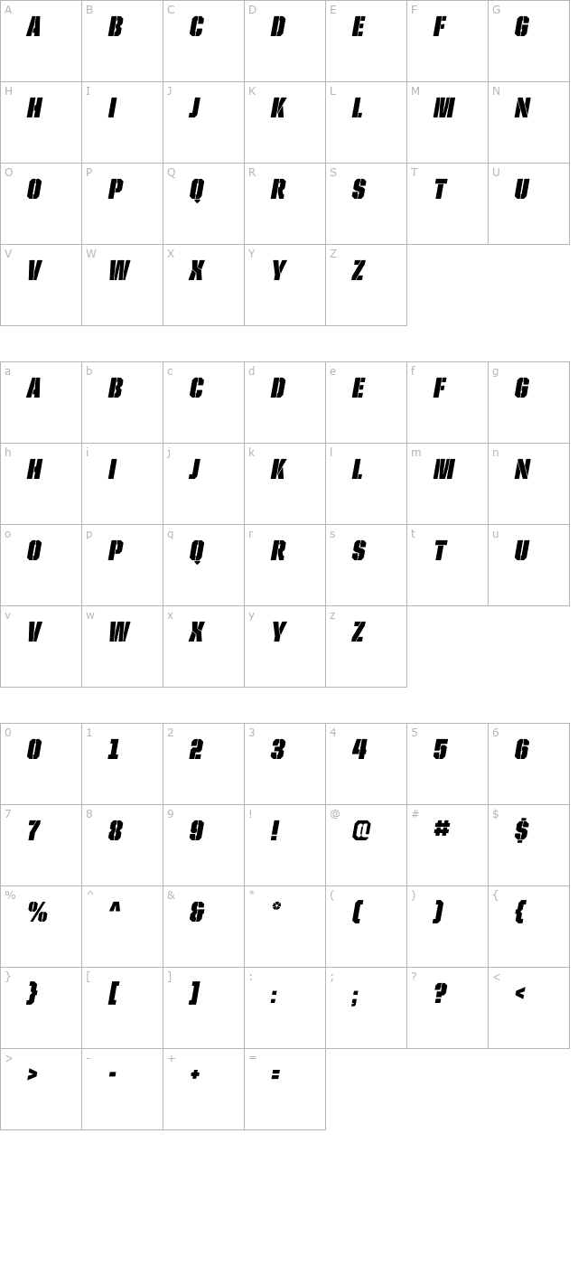 UnitedItalicCond-Stencil character map