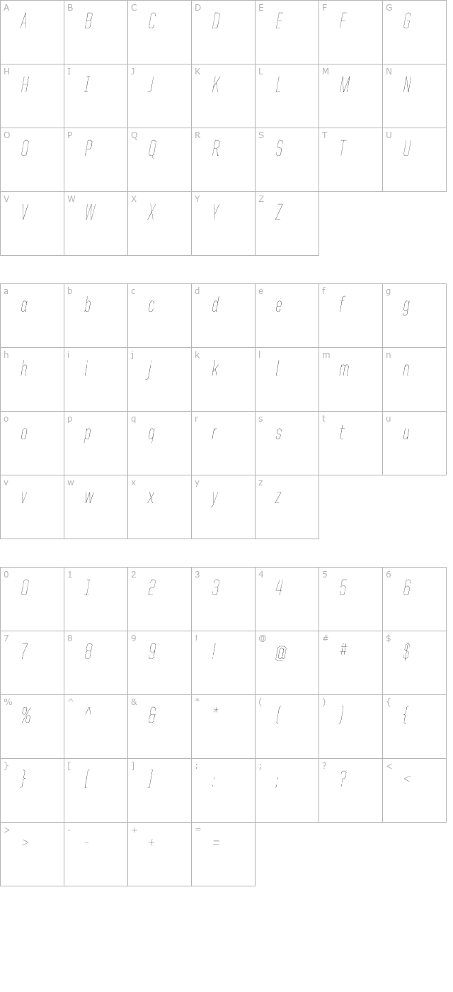 uniteditaliccond-thin character map