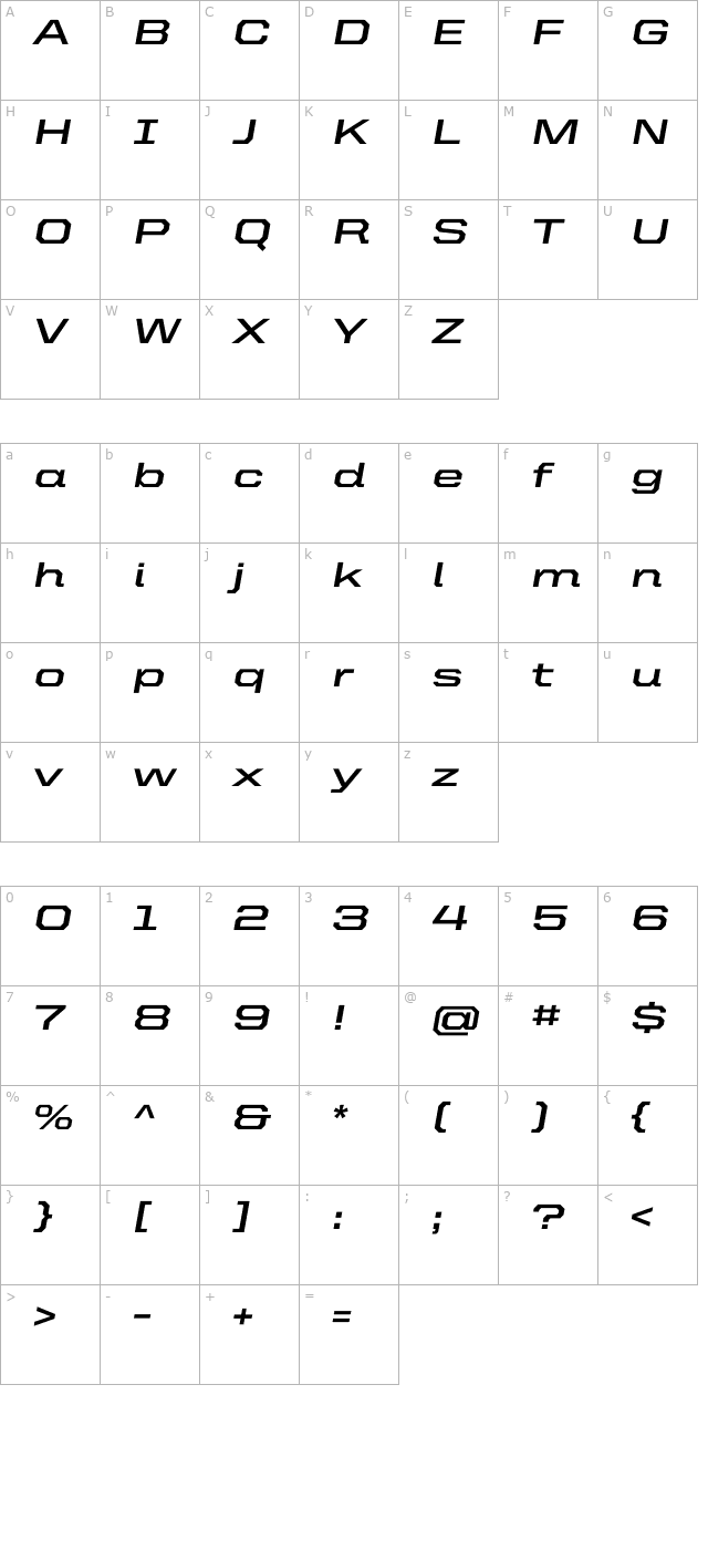 UnitedItalicExt-Bold character map