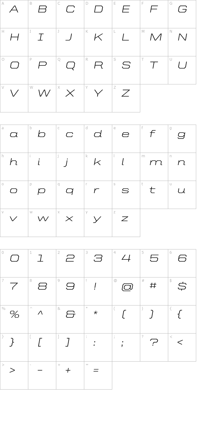 UnitedItalicExt-Light character map