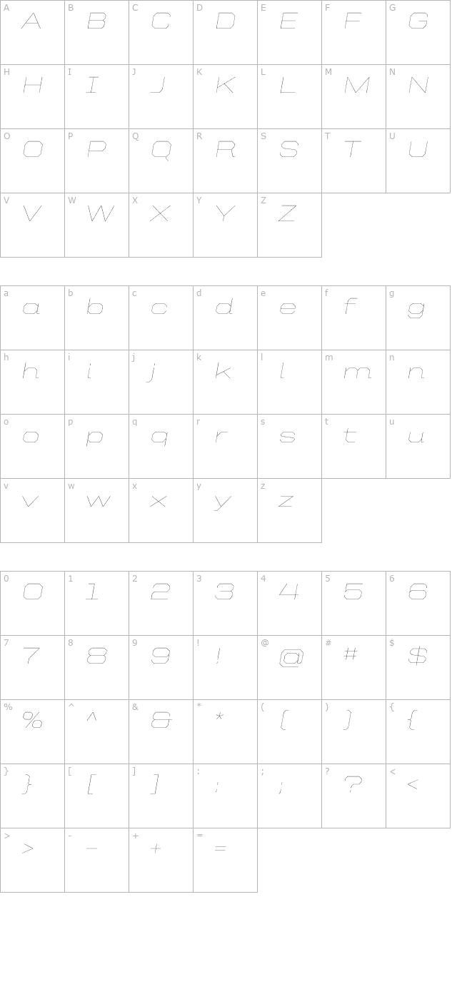 UnitedItalicExt-Thin character map