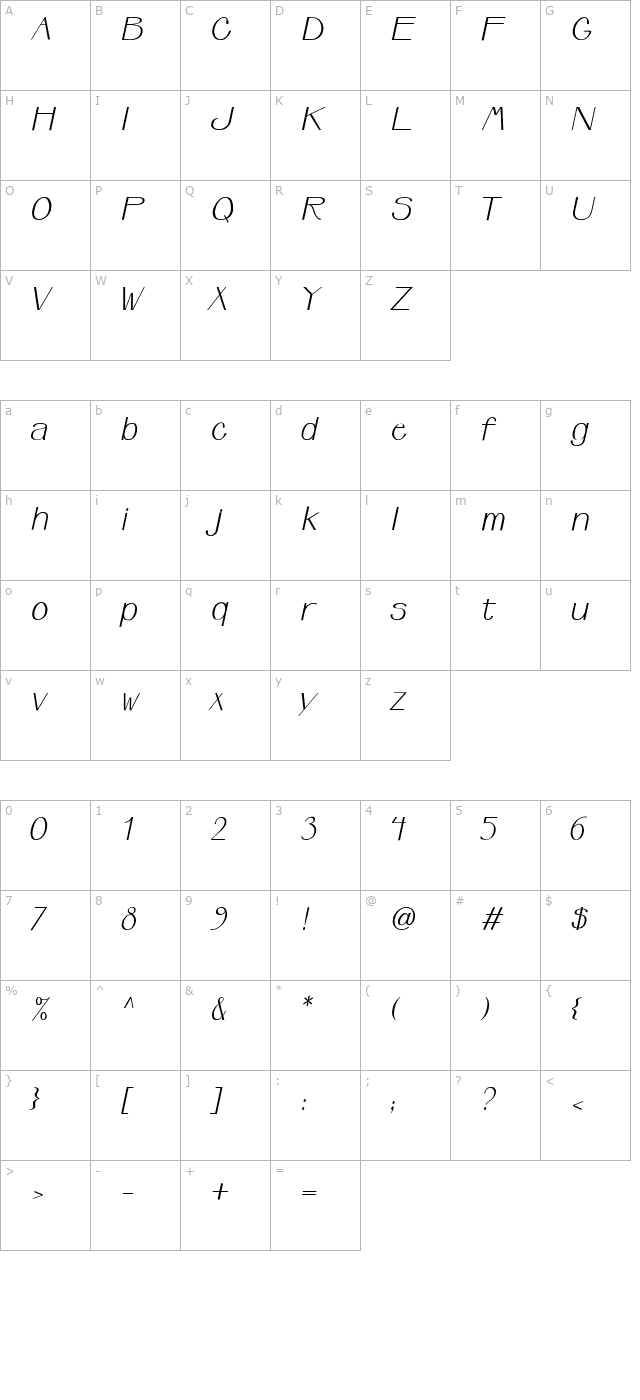 upperclass-italic character map