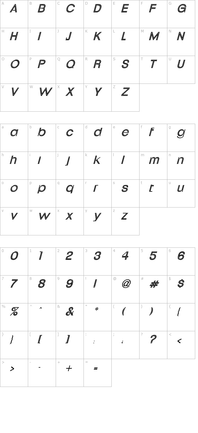 Uptight Italic character map