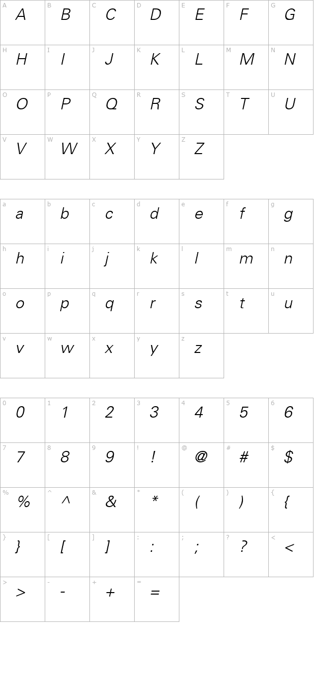 USA Light Italic character map