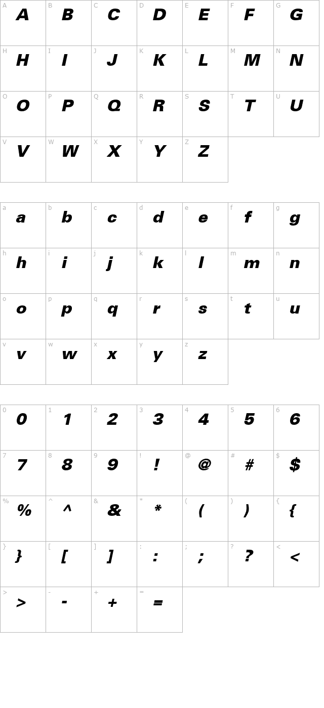 USABlack Italic character map