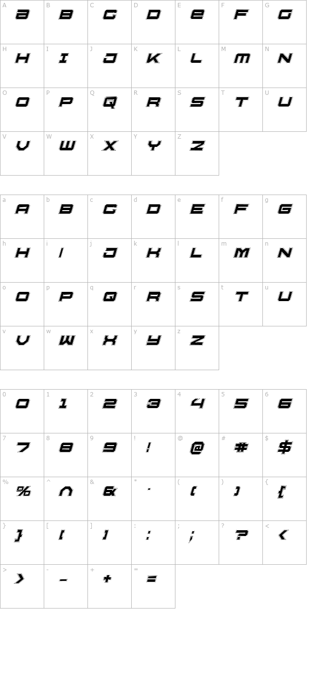 U.S.S. Dallas Academy Italic character map